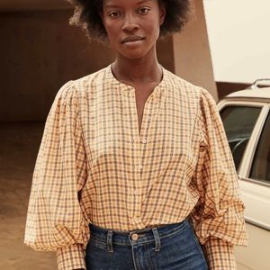 Doen Scarlet Top in light orange and brown checkered pattern